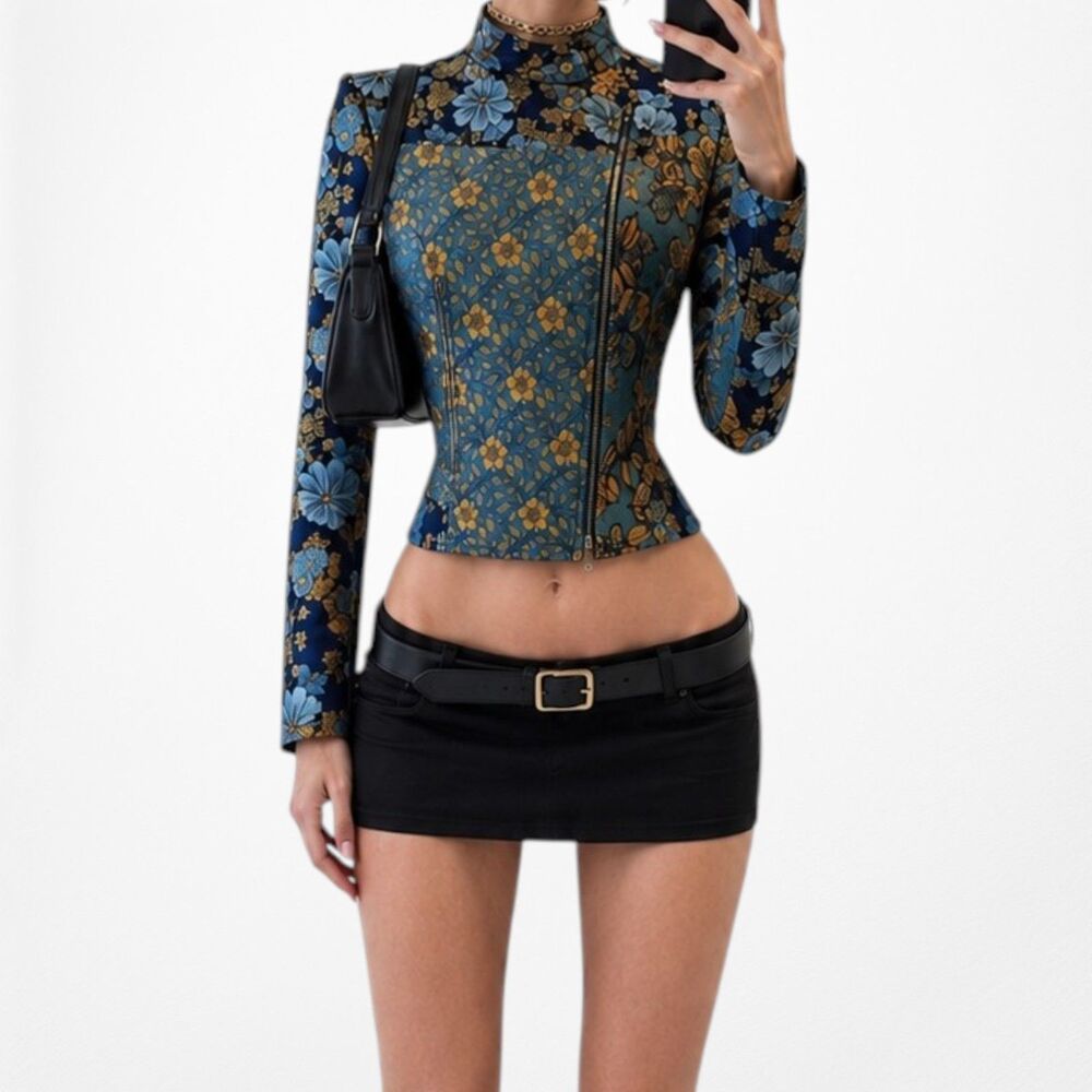 Zara Blue Yellow Floral Embroidered Shoulder Padded Blazer Jacket Size XS